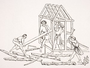 Zimmerleute, nach einer Miniatur in einem Manuskript des 15. Jahrhunderts, 